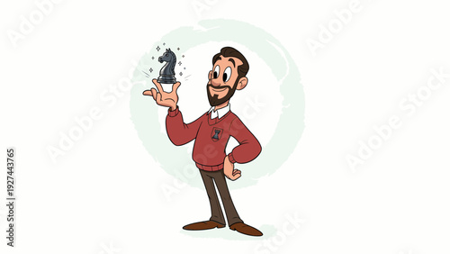 Cartoon illustration of a man in a red sweater holding a smoking gun in a comical pose against a light green circular background.