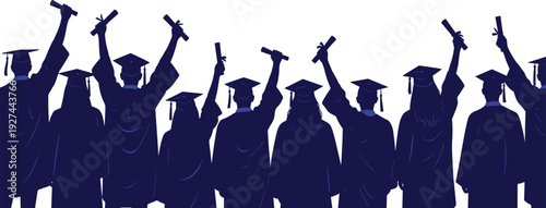Graduation Silhouette Vector Illustration of Students in Caps and Gowns Holding Diplomas High, Celebrating Educational Success and Academic Achievement Milestone Event