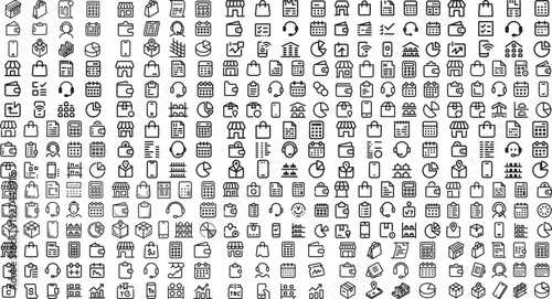 Collection of business and office related icons on white background