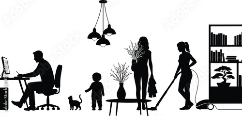 Silhouette of Family Daily Life at Home with Father Working on Laptop, Mother with Plants, Child, Cat, and Woman Vacuuming
