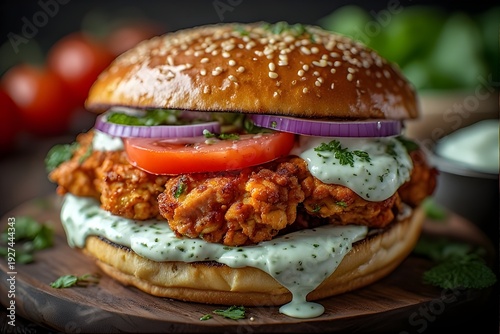 Wallpaper Mural tandoori chicken burger with red onions, tomatoes, and mint yogurt sauce Torontodigital.ca