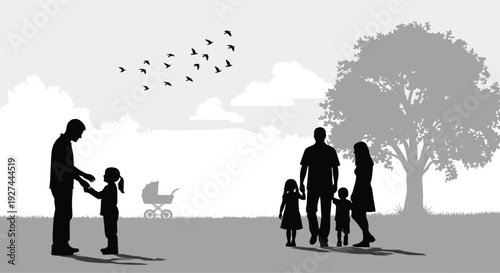 Happy family silhouettes walking in park with children, father playing with daughter, baby stroller, birds, and large tree outdoors.