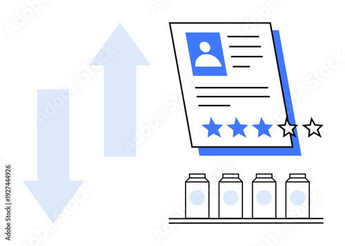 User profile with a rating scale of five stars, four filled. Up and down arrows symbolize evaluation or ranking. Four products represent assessment criteria. Ideal for feedback, ranking, reviews