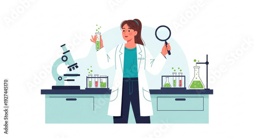 Female scientist examining plant in laboratory setting with microscope and test tubes