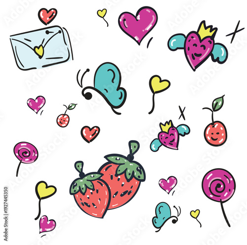 A love-themed doodle pattern featuring cute illustrations such as hearts, strawberries, lipstick, love envelopes, heart locks, doves, and other romantic elements. The hand-drawn design is playful, bri