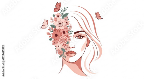 Woman with flowers in hair and butterflies around face elegant female portrait with floral decoration