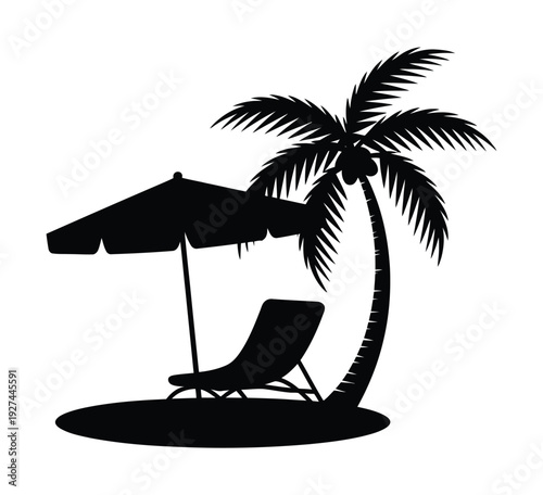 Tropical beach chair silhouette, summer vacation vector illustration featuring palm trees and umbrella for seaside relaxation, island getaway, coastal tourism branding, and holiday design concepts