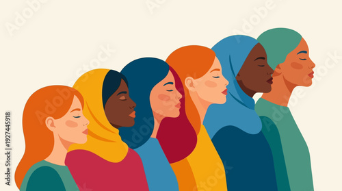 Empowered Diverse Women Standing Together: Multicultural Community, Sisterhood & Unity Illustration for Global Female Empowerment