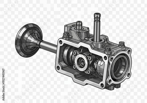 Detailed illustration of a mechanical gearbox viewed from an isometric perspective showcasing the internal gears and shafts within an industrial machinery context