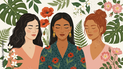 Diverse Women Surrounded by Nature: Serene Illustration of Inner Peace, Mindfulness, and Botanical Beauty