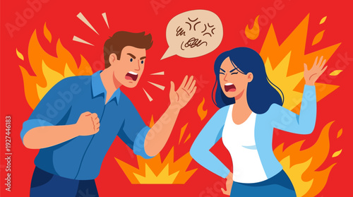 Intense Couple's Argument: Man and Woman Yelling Amidst Flames, Symbolizing Anger, Conflict, and Relationship Problems