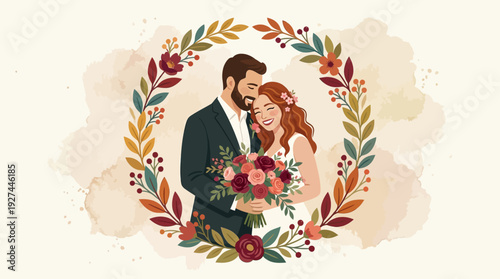 Romantic Wedding Couple in Floral Wreath Illustration with Watercolor Background - Engagement & Anniversary Celebration Design