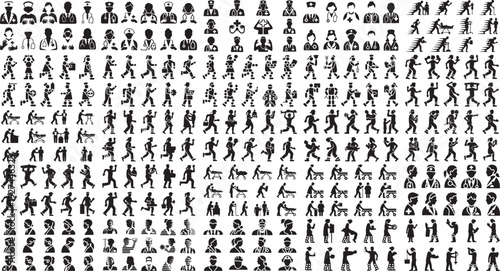 Collection of diverse human silhouettes in various poses and occupations on white background