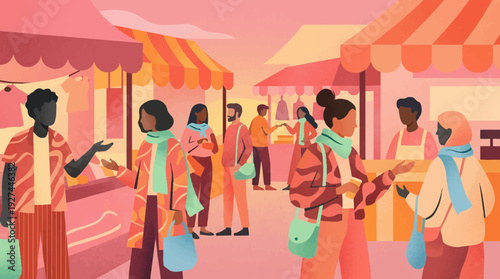 Vibrant Flat Design Illustration of People Shopping at a Lively Outdoor Street Market. Diverse Shoppers and Vendors in a Bustling Community Scene