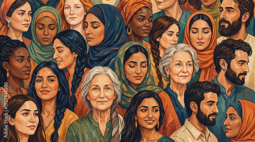 Diverse Faces of Humanity: A Global Community Portrait Showcasing Unity, Multiculturalism, and Varied Generations in a Stylized Illustration.