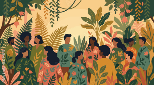 Diverse Group of People in Lush Botanical Garden - Global Community and Nature Harmony Flat Design Illustration
