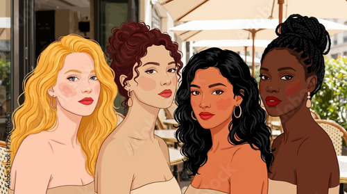 Diverse Women Friends Enjoying a Chic Parisian Cafe - Modern Multicultural Group Illustration for Friendship and Empowerment