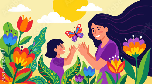 Happy Mother and Daughter Playing with a Colorful Butterfly in a Vibrant Spring Garden Illustration - Flat Design Family Moment