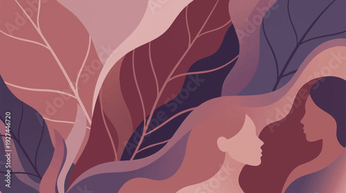Abstract Feminine Connection: Stylized Women Silhouettes and Botanical Leaves in Muted Pink & Purple Art