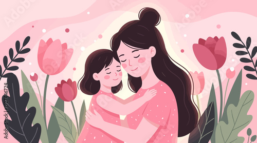 Mother and Daughter Tenderly Embracing in a Pink Floral Landscape, Flat Illustration of Family Love, Mother's Day Concept