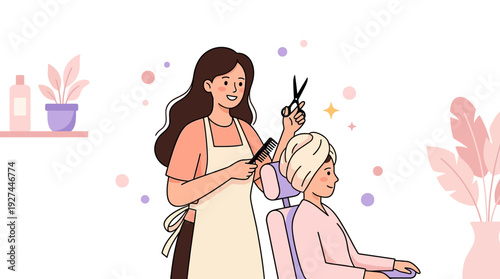 Professional Hair Stylist Working on Client's Hair in Modern Beauty Salon. Hair Care, Styling, and Pampering Service Vector Illustration.