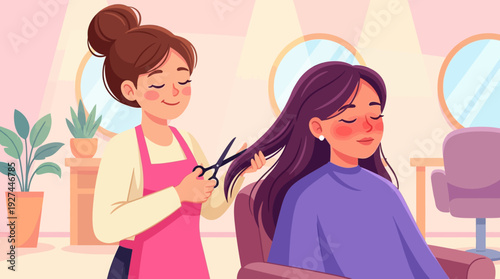 Professional Hair Stylist Giving a Relaxing Haircut to a Woman in a Modern Beauty Salon