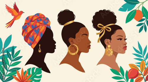 Diverse Black Women Profiles with Cultural Headwraps and Tropical Foliage - Celebrating Beauty, Heritage, and Empowerment