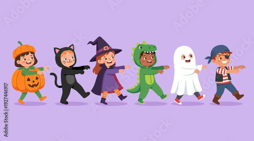 Happy Children in Halloween Costumes Walking Together: Pumpkin, Cat, Witch, Dinosaur, Ghost, Pirate - Flat Vector Illustration