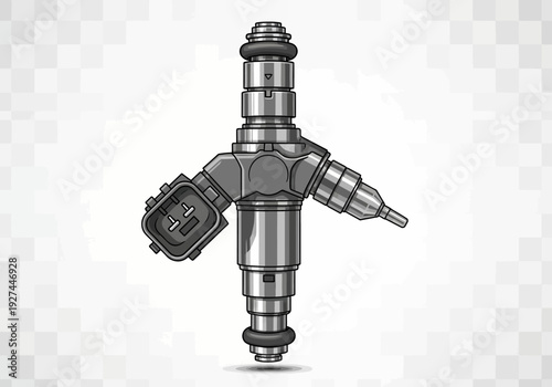 Detailed view of a mechanical fuel injector with intricate parts and metallic finish