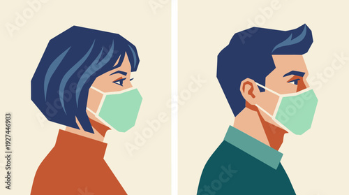 Man and Woman Wearing Face Masks: Health Protection and Public Safety Illustration