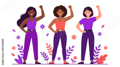 Diverse Group of Empowered Women Raising Fists in Unity. Vector Illustration Symbolizing Strength, Sisterhood, and Equality.