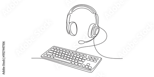 Minimalist continuous one line drawing of a gaming headset and mechanical keyboard equipment Vector, illustration
