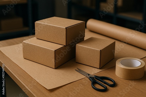 E-commerce Packing Setup with Kraft Boxes and Supplies