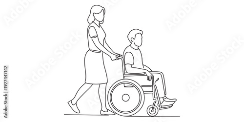 A line drawing of a woman nurse pushing a man in a wheelchair for medical assistance. Vector, illustration