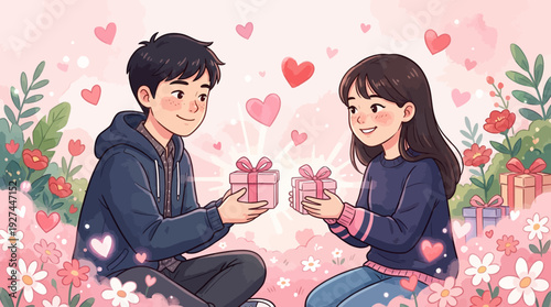Sweet Young Couple Exchanging Valentine's Day Gifts in a Dreamy Romantic Garden with Hearts and Flowers