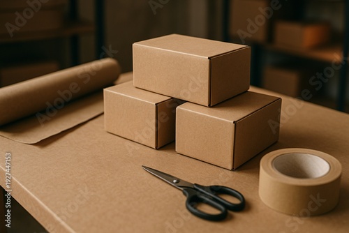 E-commerce Packing Setup with Kraft Boxes and Supplies