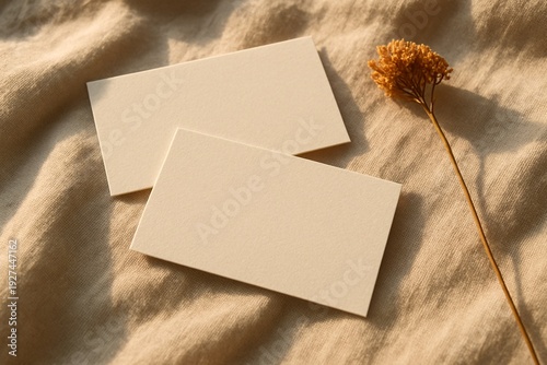 Elegant Blank Business Cards with Dried Flower on Linen