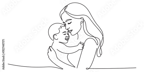 Minimalist line art illustration of a mother holding her smiling baby in her arms Vector, illustration