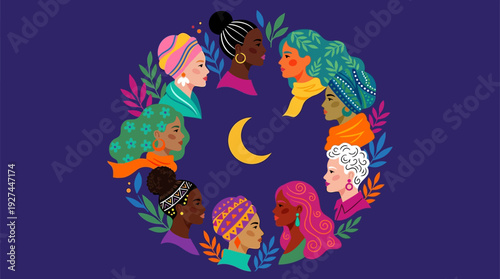Diverse Women Unity Circle Illustration with Crescent Moon & Floral Wreath. Global Sisterhood, Empowerment & Multicultural Female Community.