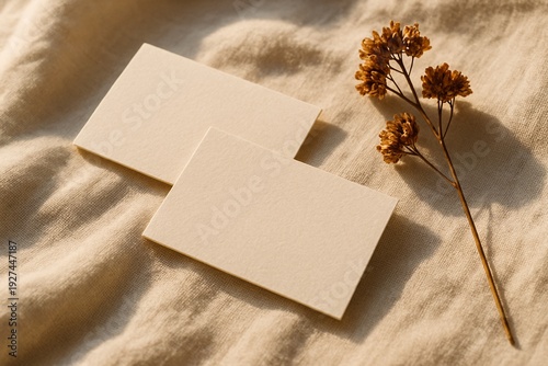 Elegant Blank Business Cards with Dried Flower on Linen