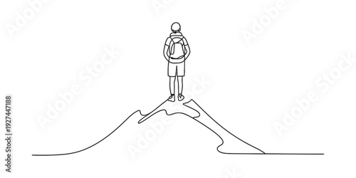 hiker, mountain, peak, summit, backpack, climbing, hiking, minimalist, line, drawing, art, continuous, simple, goal, achievement, success, adventure, travel, outdoor, nature, silhouette, person, man, 