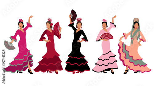 Vibrant Flamenco Dancers in Traditional Spanish Dresses with Fans