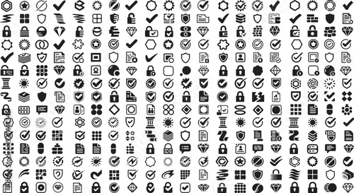 Collection of security and protection icons with checkmarks and locks on white background