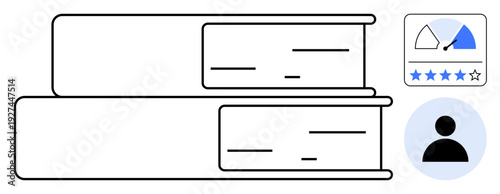 Book ratings concept. Digital book evaluation highlighting review ratings, user profiles, and metrics. Book ratings aiding informed choices for online reviews, publishing, education, and e-commerce