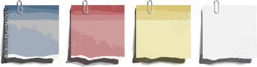 Colorful sticky notes with shadows hanging from rings on a white background viewed from a straight-on perspective