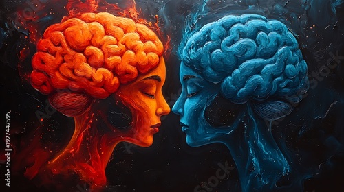 Two human brains in profile facing each other one red and one blue mind consciousness photo