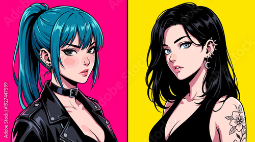 Vibrant Anime & Manga Duo: Edgy Girls with Blue and Black Hair, Piercings, and Tattoos on Bold Backgrounds