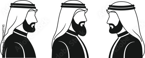 Arab man profile avatar set traditional Middle Eastern male character wearing keffiyeh headscarf vector illustration black and white flat design collection
