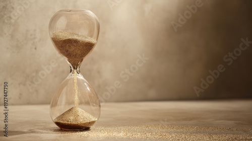 patience. Golden sand flowing through an hourglass, symbolizing time's passage with warm ambient light. wellbeing guides.