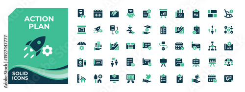Set of Action Plan colorful solid icon. Contains filled symbols like assessment, analysis, task, schedule, project, goal and more. Icons for UI design. Project icon set. Signs for web and mobile app.